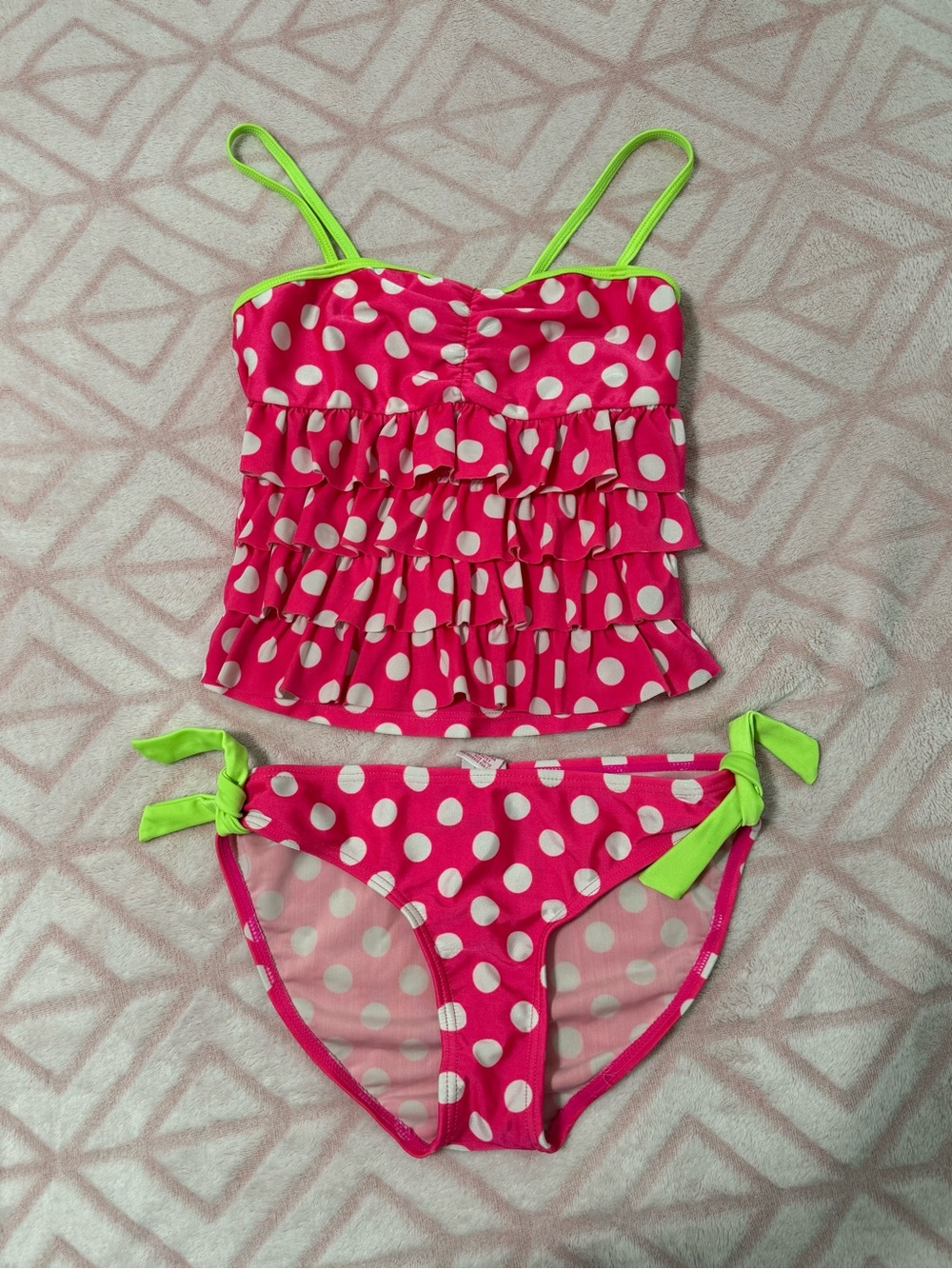 Girls size 10/12 Pink with white Polka dot Bikini/tankini with Neon Green accent